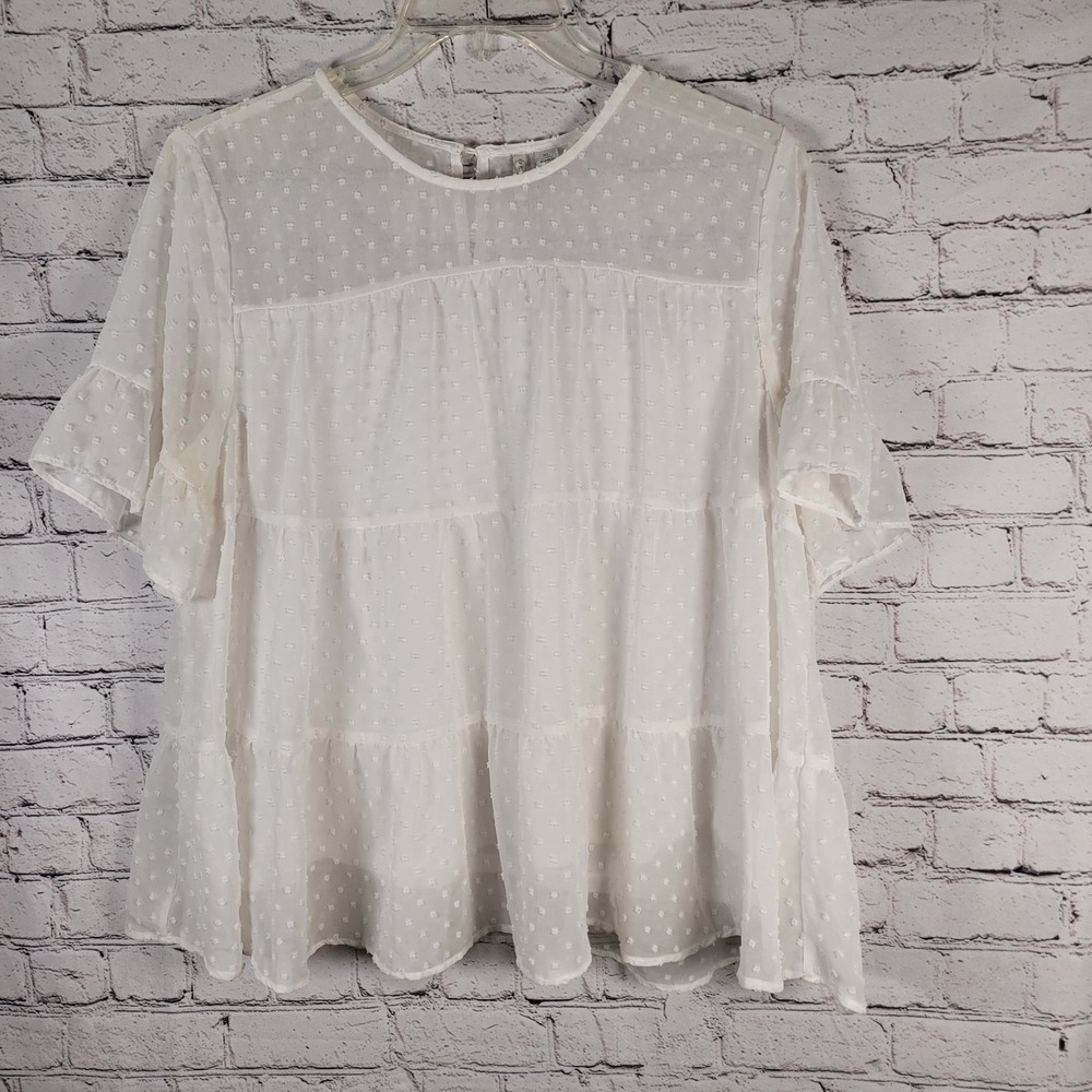 Est.1946 Women Flowy Top‎ White Sheer Tiered Swiss Dot Ruffle Sleeves Baby Doll